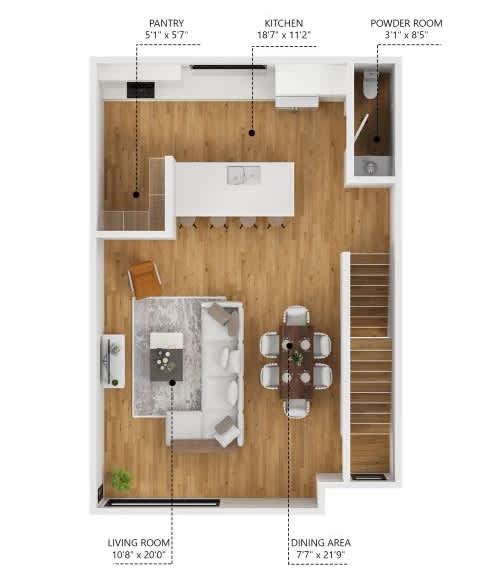 A floor plan of a home showing the layout of the kitchen, living room, dining area, and powder room.