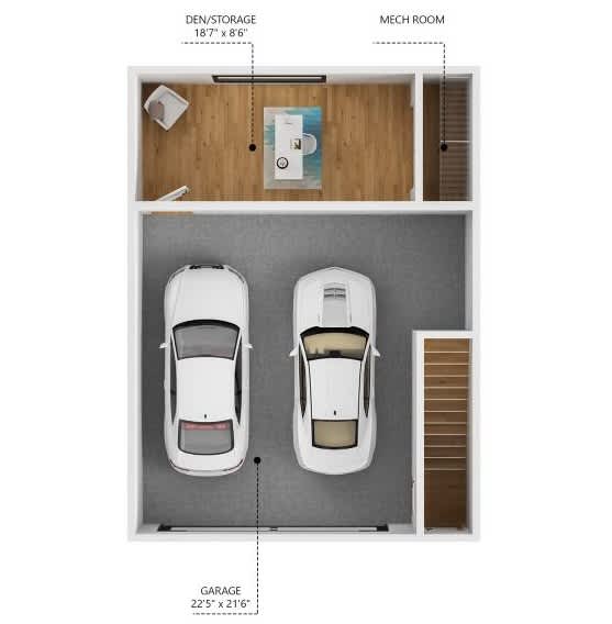 A diagram shows a garage, a den/storage area, and a mech room.
