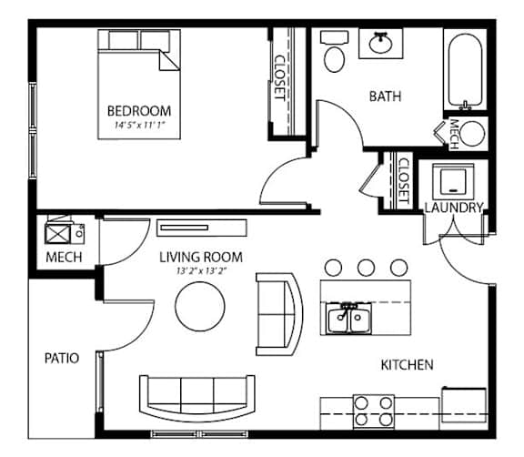 A 1 bed, 1 bathroom floor plan layout for an apartment with a living room, kitchen, and laundry at Melbourne in Des Moines, Iowa.