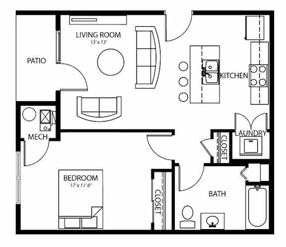 A one bedroom, one bathroom apartment in Des Moines, Iowa at Melbourne Apartments.