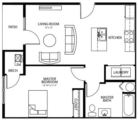 A4 1 bedroom 1 bathroom floor plan at Melbourne Apartments in Des Moines, Iowa 50320.
