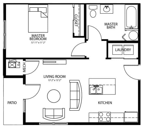 A6 1 bedroom 1 bathroom floor plan at Melbourne Apartments in Des Moines, Iowa.
