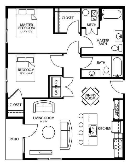 The B4 2 bed, 2 bath floor plan layout at Melbourne Apartments in Des Moines, Iowa.