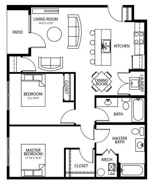 The B5 floor plan at Melbourne Apartments with 2 beds, 2 bathrooms in Des Moines, Iowa.