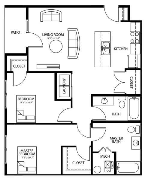 B7 2 bedroom 2 bathroom home at Melbourne Apartments in Des Moines, Iowa 50320.