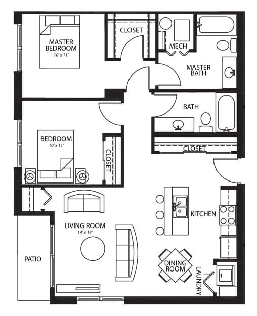 A 2 bedroom, 1 bathroom floor plan of Melbourne Apartments in Des Moines, Iowa.