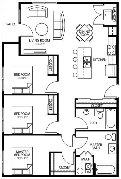 C1 floor plan at Melbourne Apartments in Des Moines, Iowa with 3 bedrooms and 2 bathrooms.