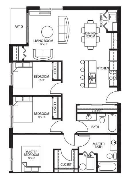 A 3 bedroom, 2 bathroom floor plan layout of Melbourne Apartments in Des Moines, Iowa.