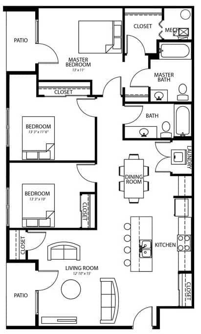 C3 3 bedroom 2 bathroom floor plan layout at Melbourne Apartments in Des Moines, Iowa.