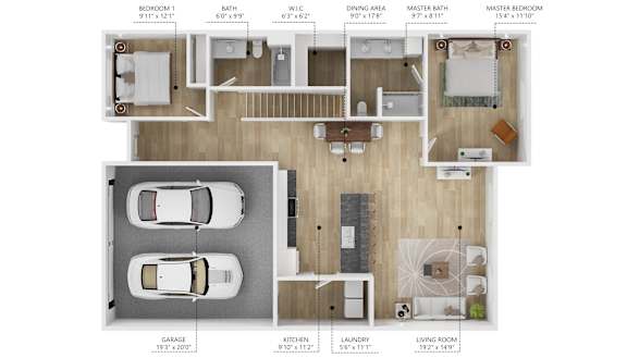 Floor Plan  A floor plan of a house with a living room, kitchen, dining area, and two bedrooms.