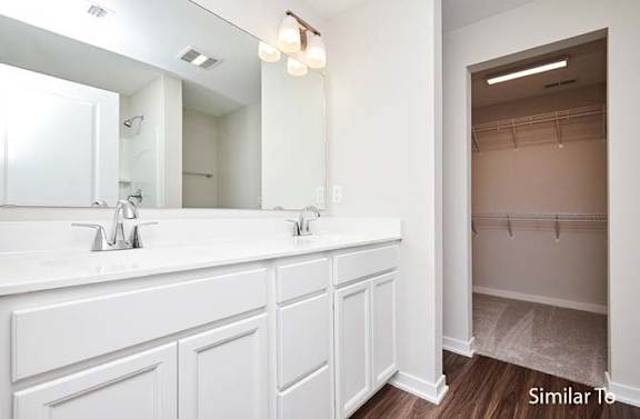 a bathroom with two sinks and a large mirror at Two Rivers Home Rentals, Iowa 50266