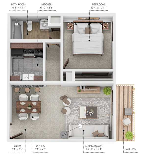 A diagram shows the layout of a small apartment with a bathroom, kitchen, bedroom, living room, entry, and balcony.