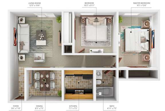 A diagram shows the layout of a small apartment with a living room, dining room, kitchen, bathroom, and three bedrooms.