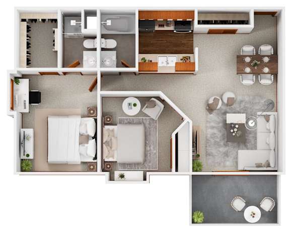 A top-down view of a house layout with a kitchen, living room, and bathroom.