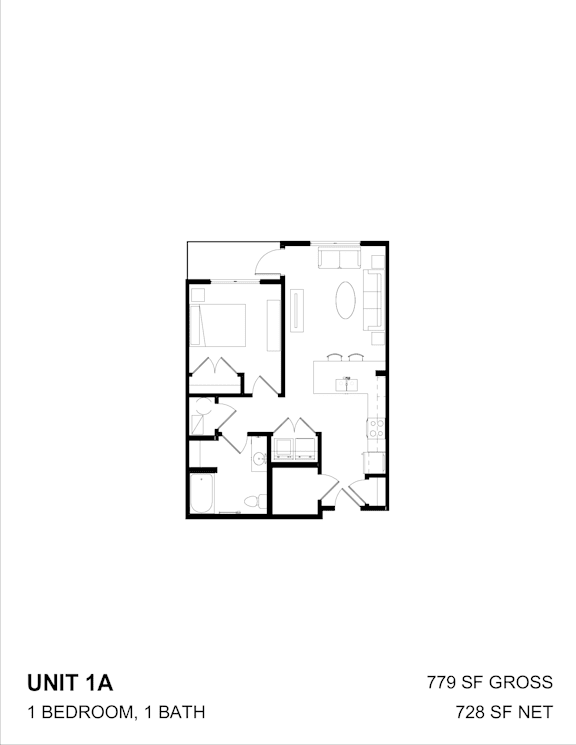 A black and white image of a floor plan for a 1 bedroom, 1 bath unit.