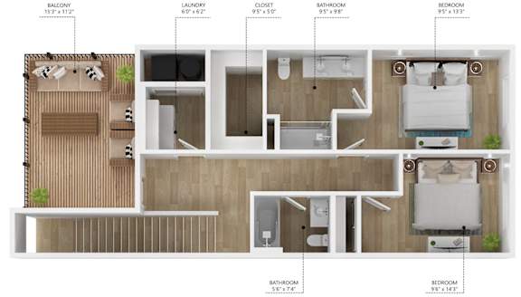 A floor plan of a small apartment with a balcony, laundry, closet, and bathrooms.
