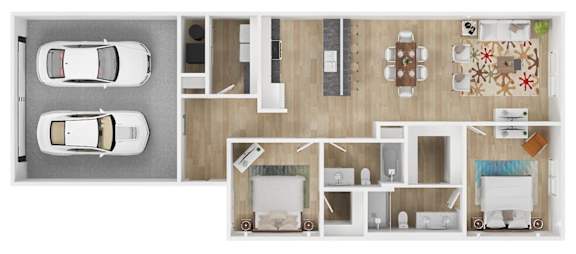 A floor plan of a house with two cars parked in the garage.