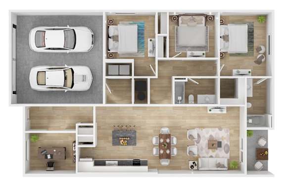A top-down view of a house interior with two cars parked in the driveway.