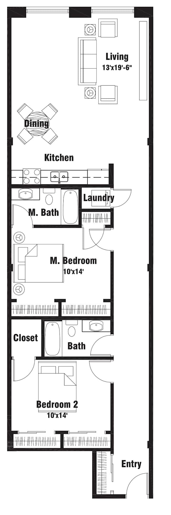 A floor plan of a house with a living room, dining room, kitchen, laundry, two bathrooms, two bedrooms, a closet, and an entry.