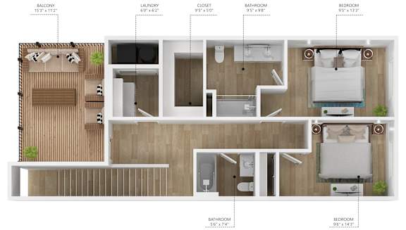 Floor Plan  A floor plan of a small apartment with a balcony, two bedrooms, a bathroom, a laundry area, and a closet.