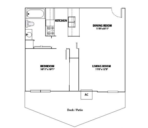 Floor Plan  A floor plan of a house with a kitchen, dining room, living room, bedroom, and a deck/patio.