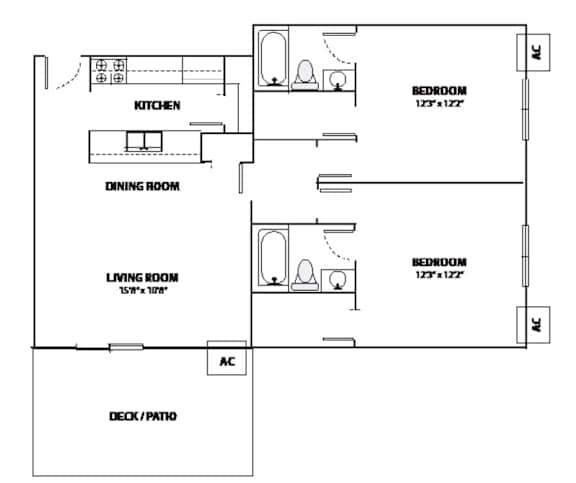 Floor Plan  A floor plan of a home with a kitchen, dining room, living room, and two bedrooms.