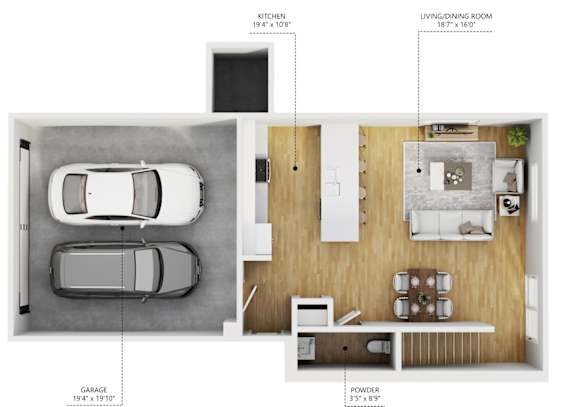 Floor Plan  A floor plan of a house with a garage, living room, kitchen, and powder room.