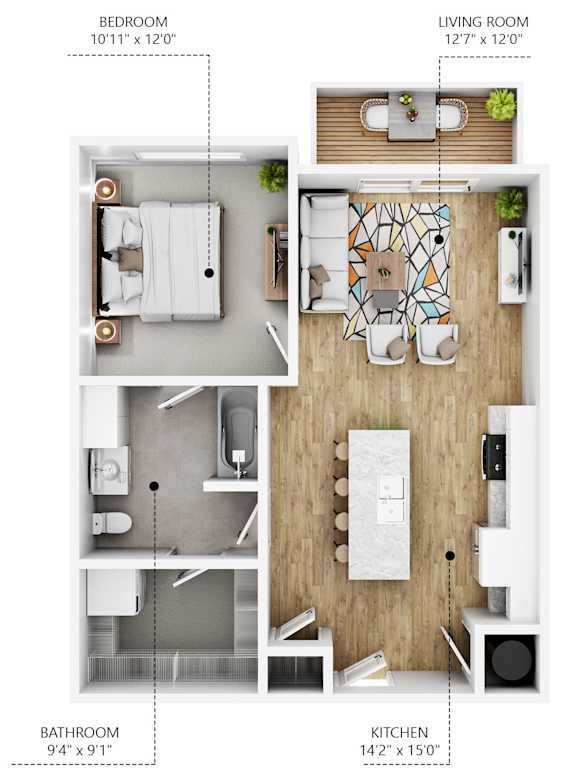 Floor Plan  A diagram shows the layout of a bedroom, living room, bathroom, and kitchen with their respective dimensions.