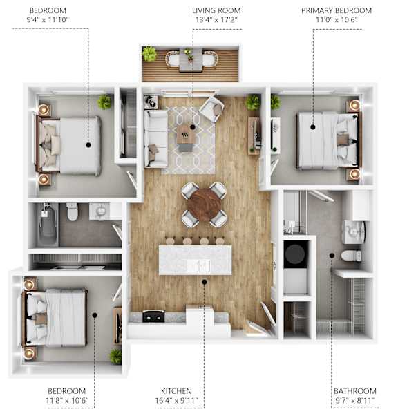Floor Plan  A diagram shows the layout of an apartment with a living room, two bedrooms, a kitchen, a primary bedroom, and a bathroom.