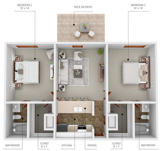 A diagram shows the layout of a small apartment with two bedrooms, a bathroom, a kitchen, a dining area, a closet, and a deck or patio.