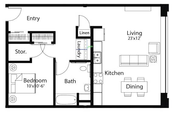 Floor Plan  A8 1Bed 1Bath-B at Spaulding Lofts Apartments, IA, 50112