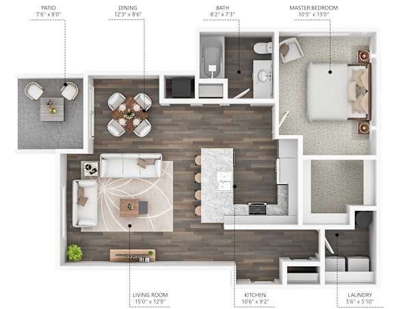 The A5 floor plan at Stonegate Crossing in Clive, Iowa with 1 bedroom and 1 bathroom.