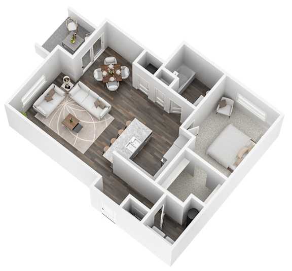 A 3D floor plan of a house with a living room, dining room, kitchen, and bedrooms.