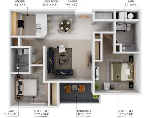 A diagram shows the layout of a home with a kitchen, living room, dining room, bath, and three bedrooms.