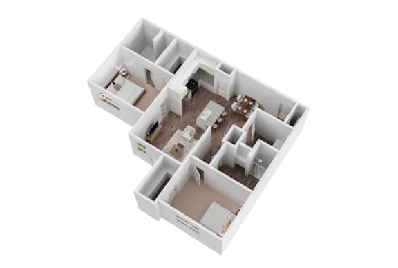A white model of a house with a kitchen and living room.