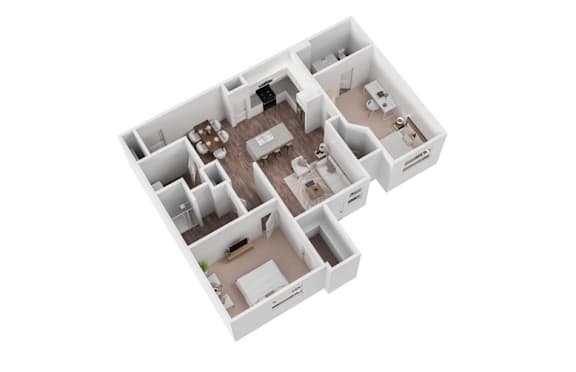 A white model of a house with various rooms and furniture.