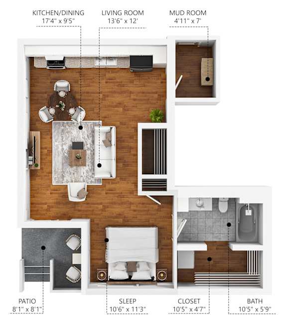 A floor plan of a small apartment with a kitchen, living room, and bathroom.