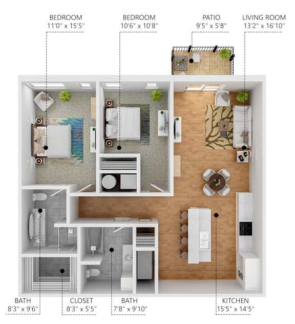 A diagram of a small apartment layout with a living room, kitchen, two bedrooms, a bathroom, and a closet.