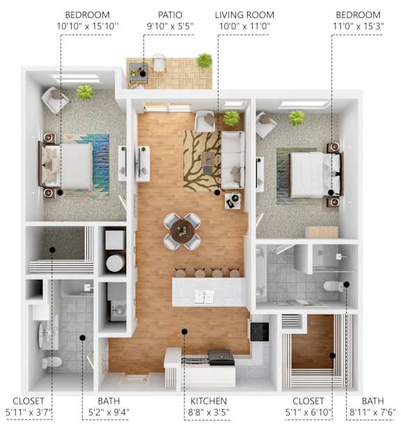 A diagram of a two-bedroom, one-bathroom apartment with a living room and kitchen.