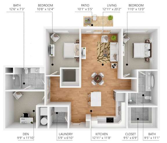 A floor plan of a two-bedroom apartment with dimensions of each room.