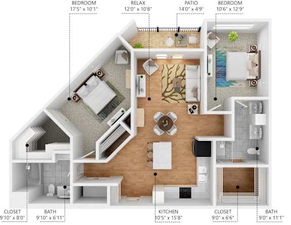 A floor plan of a house showing the layout of the bedrooms, bathrooms, kitchen, and patio.