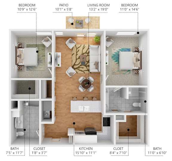 A floor plan of a house with a living room, two bedrooms, a patio, a bathroom, a kitchen, a cloet, and a closet.
