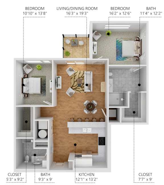 A diagram shows the layout of a home with a living room, two bedrooms, a bathroom, a kitchen, and two closets.