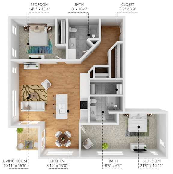 A floor plan of a small apartment with a living room, kitchen, bedroom, bathroom, and closet.