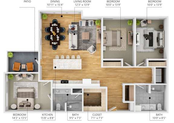 A floor plan of a house with a patio, dining area, living room, and four bedrooms.