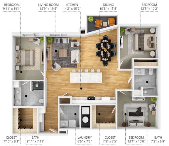 A floor plan of a two-bedroom, two-bathroom apartment with a living room, kitchen, and dining room.