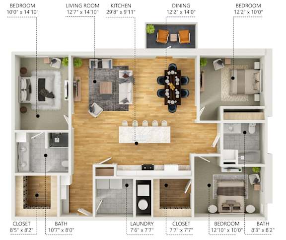 A floor plan of a two-bedroom, two-bathroom apartment with a living room, kitchen, dining room, and closet.