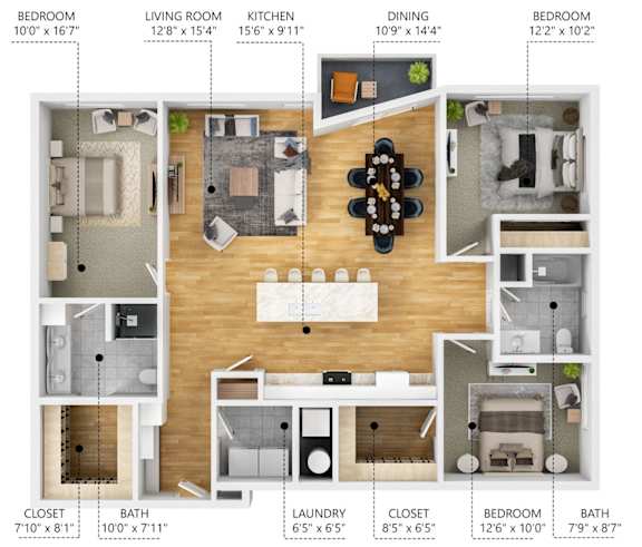 A diagram of a house layout with labeled rooms and their dimensions.