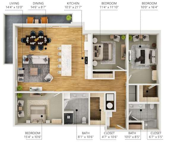 A diagram shows the layout of a two-bedroom apartment with dimensions for each room.
