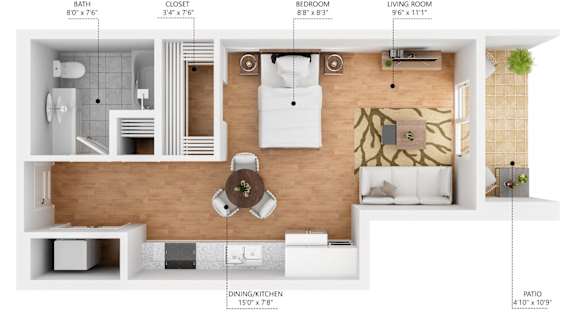 A floor plan of a small apartment with a living room, dining area, kitchen, bedroom, and bathroom.
